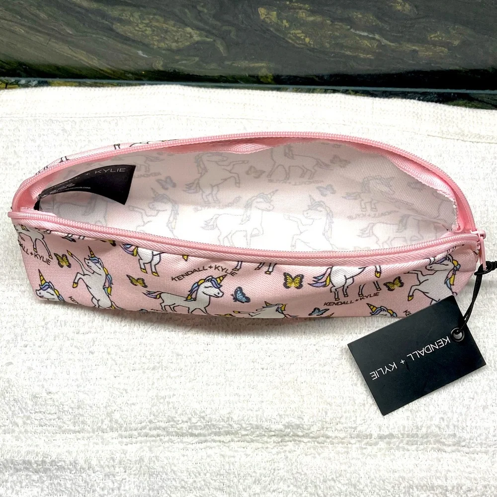 Kendall + Kylie Unicorns and Butterflies Print Bag Pouch Pink Zip Top New